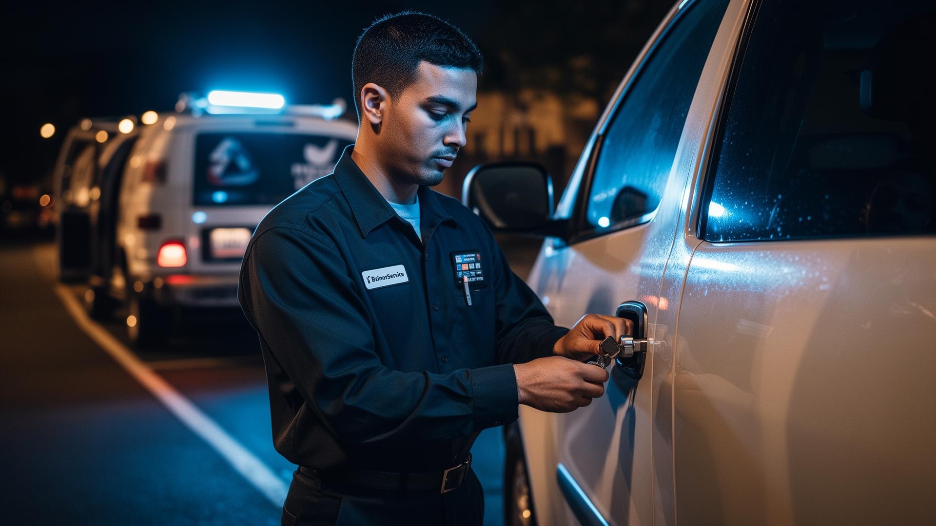 Licensed Baltimore locksmith unlocking a car door at night